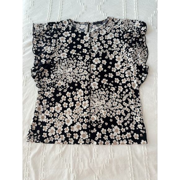 Tommy Hilfiger Tops - Tommy Hilfiger Navy Tan White Daisy Floral Ruffle Sleeve Cottagecore Top M